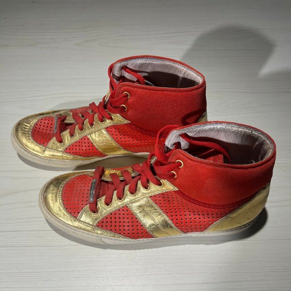 Alessandro Dell'Acqua gold and red perforated leather hi top sneakers eur 42 1/2 - Picture 1 of 10